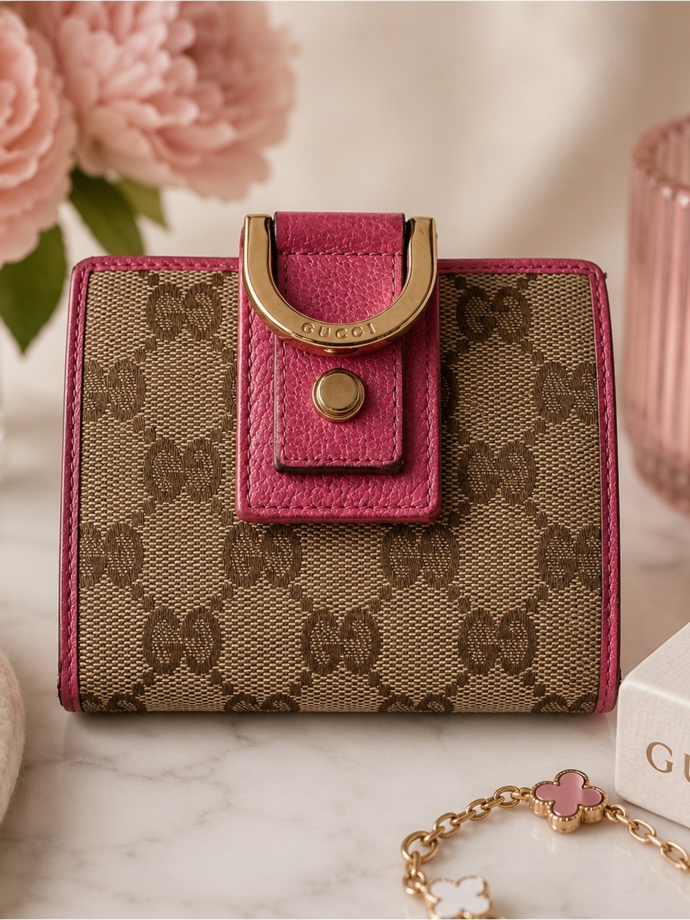 ✨🩷Gucci GG Canvas Compact Wallet Pink Leather Trim | Vintage Gucci Wallet🤎🩷